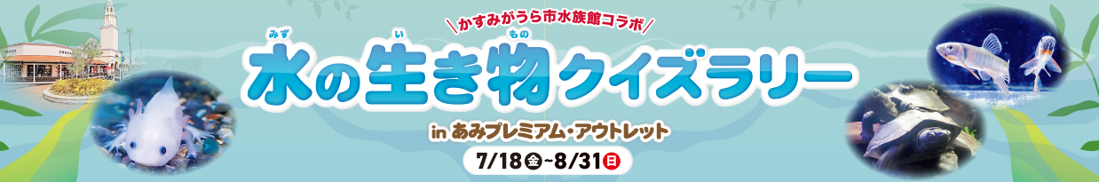 【かすみがうら市水族館コラボ】水の生き物クイズラリー in あみプレミアム・アウトレット 7/18（金）-8/31（日）