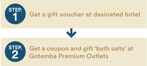 STEP.1 Get a gift voucher at desinated hotel STEP.2 Get a coupon and gift 'bath salts' at Gotemba Premium Outlets