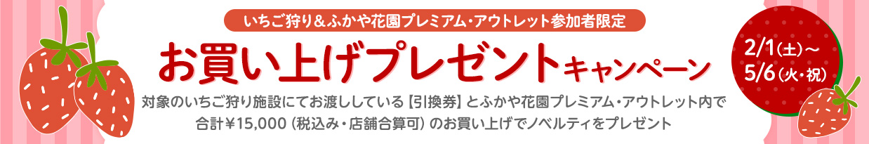 お買い上げプレゼントキャンペーン 対象のいちご狩り施設にてお渡ししている[引換券]とふかや花園プレミアム・アウトレット内で合計￥15,000（税込み・店舗合算可）のお買い上げでノベルティをプレゼント