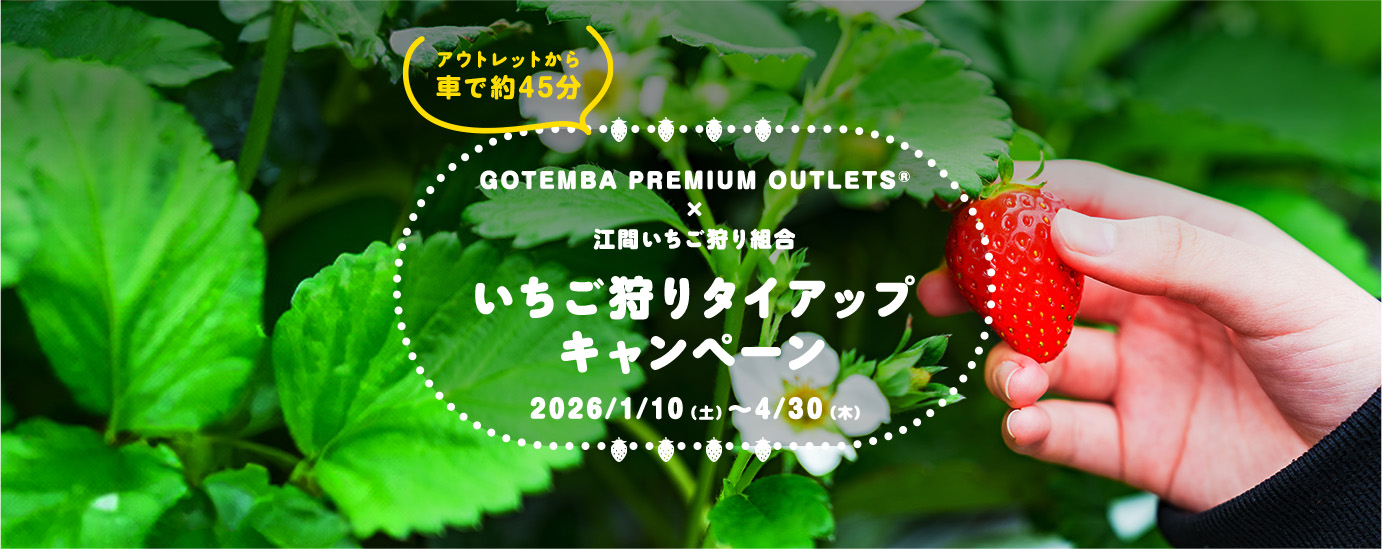 アウトレットから車で約45分 GOTEMBA PREMIUM OUTLETS&reg; × 江間いちご狩り組合 いちご狩りタイアップキャンペーン 2026/1/10（土）～4/30（木）