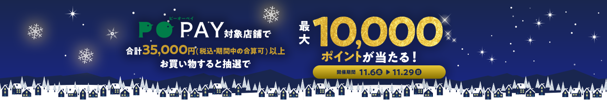 PO PAY対象店舗で合計35,000円（税込・期間中の合算可）以上お買い物すると抽選で最大10,000ポイントが当たる！ 開催期間：11/6（金）→11/29（日）
