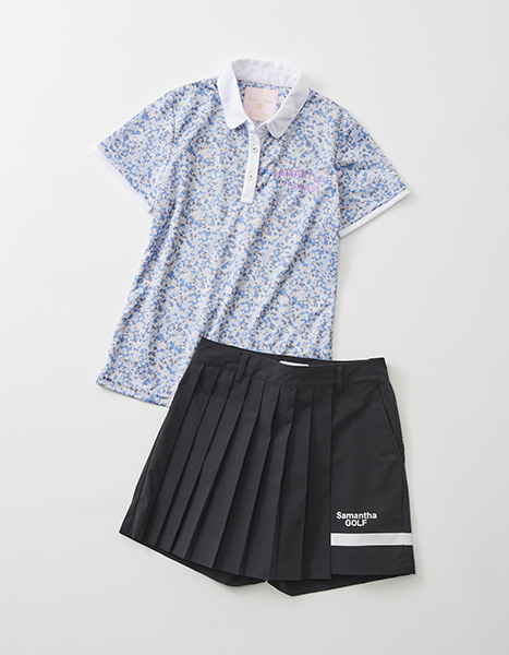 小花プリント半袖ポロ＆ラインプリーツショートパンツ