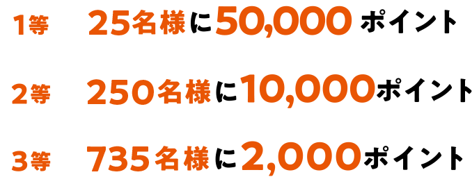 1等 25名様に50,000ポイント 2等 250名様に10,000ポイント 3等 735名様に2,000ポイント