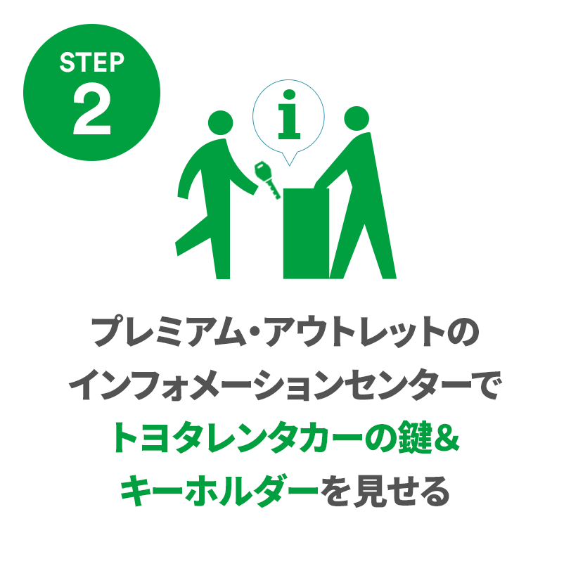 STEP2 プレミアム・アウトレットのインフォメーションセンターでトヨタレンタカーの鍵&キーホルダーを見せる