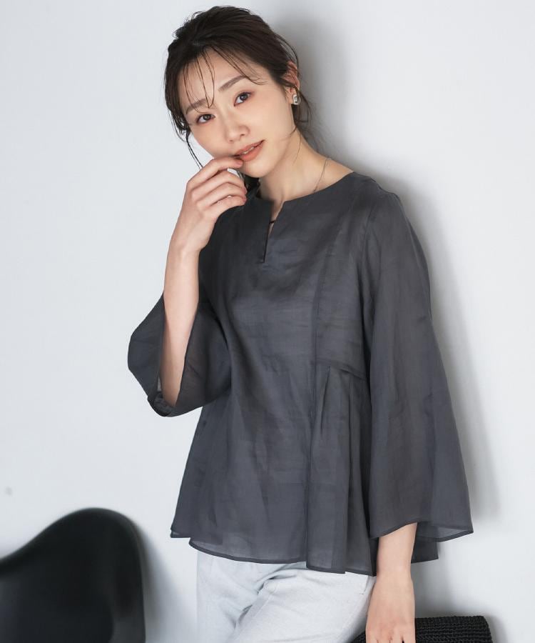接触冷感/麻混/洗える】ドライタッチキーネックブラウス - Stock