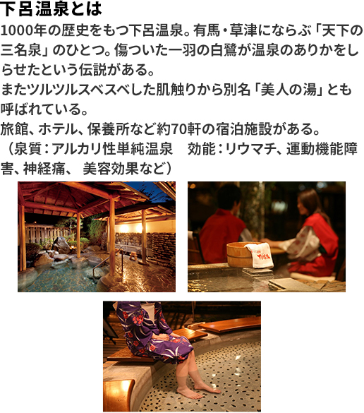 下呂温泉とは 1000年の歴史をもつ下呂温泉。有馬・草津にならぶ「天下の三名泉」のひとつ。傷ついた一羽の白鷺が温泉のありかをしらせたという伝説がある。またツルツルスベスベした肌触りから別名「美人の湯」とも呼ばれている。旅館、ホテル、保養所など約70軒の宿泊施設がある。（泉質：アルカリ性単純温泉 効能：リウマチ、運動機能障害、神経痛、美容効果など）