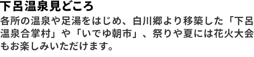 下呂温泉見どころ 各所の温泉や足湯をはじめ、白川郷より移築した「下呂温泉合掌村」や「いでゆ朝市」、祭りや夏には花火大会もお楽しみいただけます。