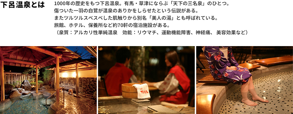 下呂温泉とは 1000年の歴史をもつ下呂温泉。有馬・草津にならぶ「天下の三名泉」のひとつ。傷ついた一羽の白鷺が温泉のありかをしらせたという伝説がある。またツルツルスベスベした肌触りから別名「美人の湯」とも呼ばれている。旅館、ホテル、保養所など約70軒の宿泊施設がある。（泉質：アルカリ性単純温泉 効能：リウマチ、運動機能障害、神経痛、美容効果など）