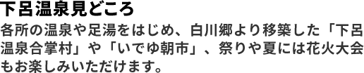 下呂温泉見どころ 各所の温泉や足湯をはじめ、白川郷より移築した「下呂温泉合掌村」や「いでゆ朝市」、祭りや夏には花火大会もお楽しみいただけます。
