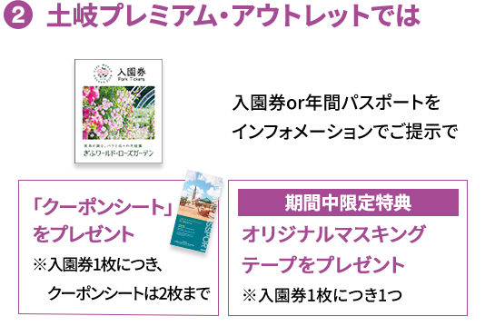 (2) 土岐プレミアム・アウトレットでは 入園券or年間パスポートをインフォメーションでご提示で 「クーポンシート」をプレゼント※入園券1枚につき、クーポンシートは2枚まで 期間中限定特典 オリジナルマスキングテープをプレゼント※入園券1枚につき1つ