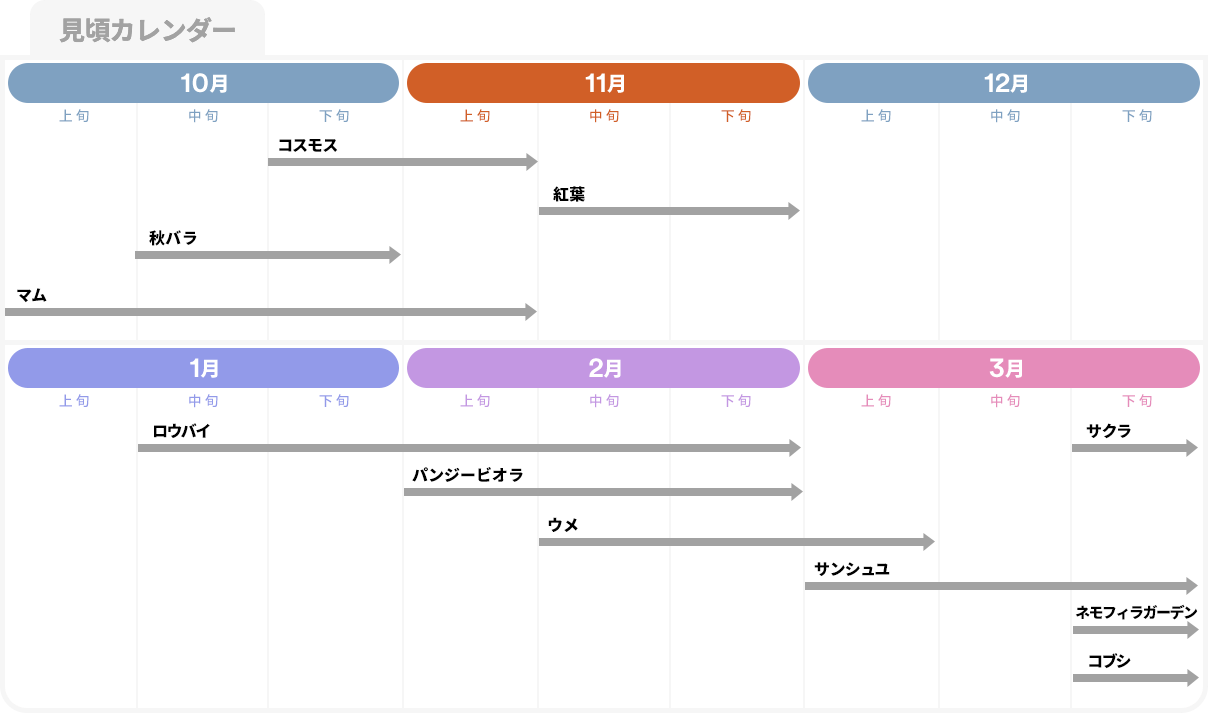 サクラ：3月下旬～4月中旬、サンシュユ：3月上旬～4月上旬、ネモフィラガーデン：3月下旬～4月中旬、コブシ：3月下旬～4月中旬、日々草：4月中旬～6月中旬、ハンカチノキ：4月下旬～5月上旬、バラ：5月上旬～6月上旬、ササユリ：6月上旬～6月中旬、アジサイ・アナベル：6月上旬～9月中旬、ノリウツギ：7月上旬～9月中旬、ヒマワリ：8月中旬